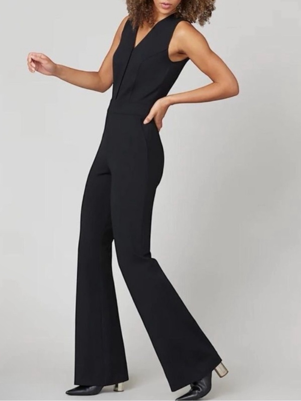 SPANX The Perfect Sleevess Jumsuit Black Ponte Knit Flare Leg size Medium